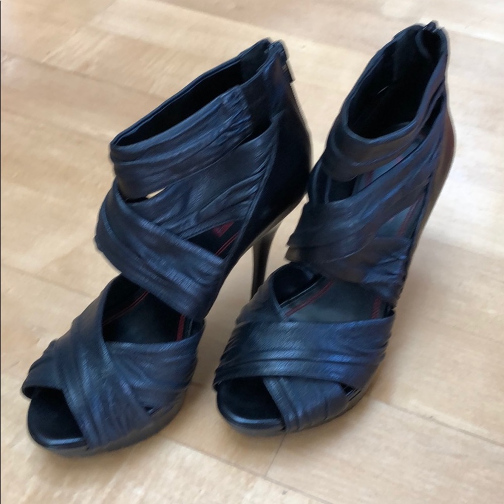 Strappy black leather platform stilettos heels